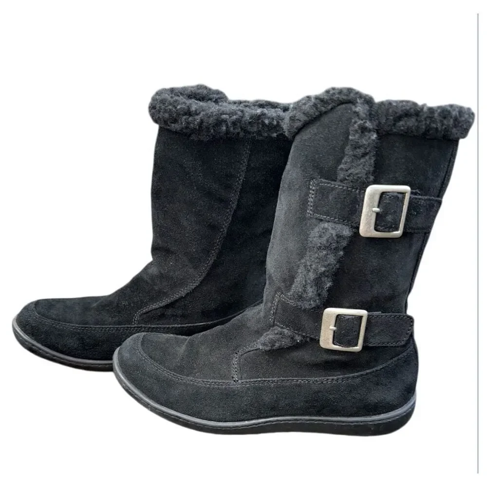 Steve Madden Women’s Suede Boots Side Buckles Fleece Lined Sz. 10.5 Black
